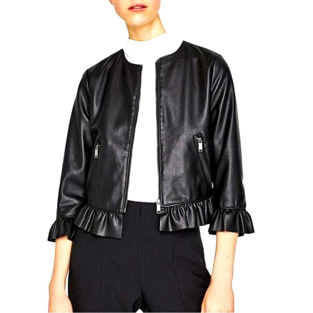 MIAMI Vegan Leather ruffle trim zippered Jacket Top  BLACK 3/4 sleeves Small